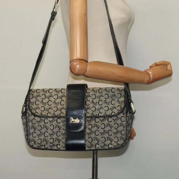 CELINE C Sulky Shoulder Bag Canvas Navy Gold Auth - Picture 1 of 16